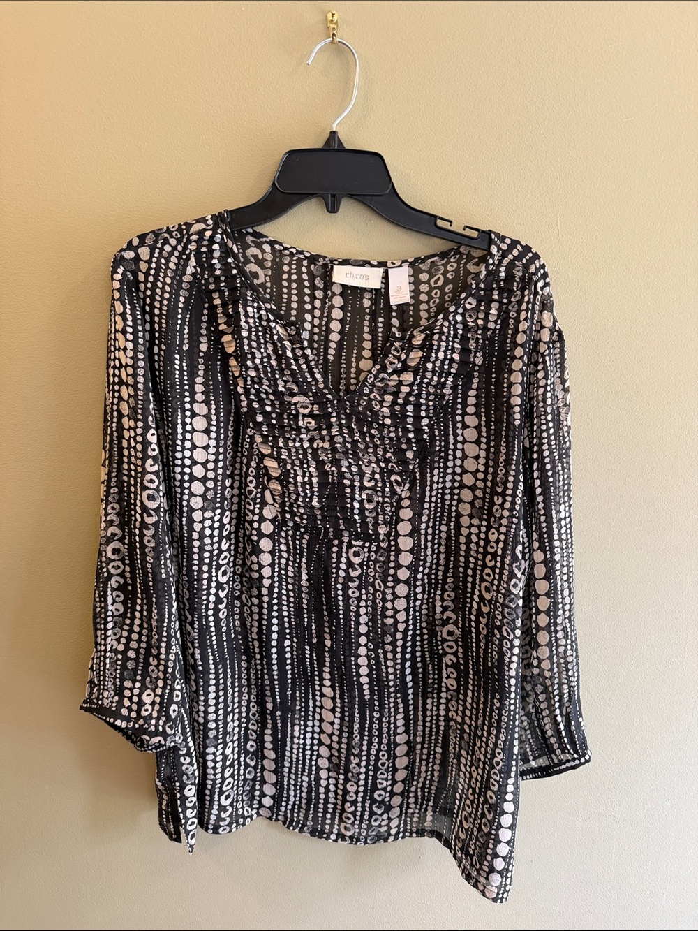 Chico's Black and White Dot-Stripe V-Neck Blouse with Ruffle Detail